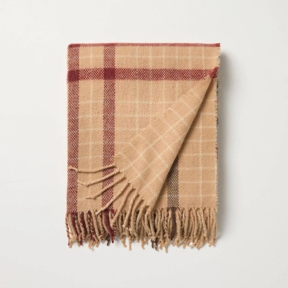 Hearth & Hand With Magnolia Tan & Red Plaid Throw Blanket With Fringe 60"x50"